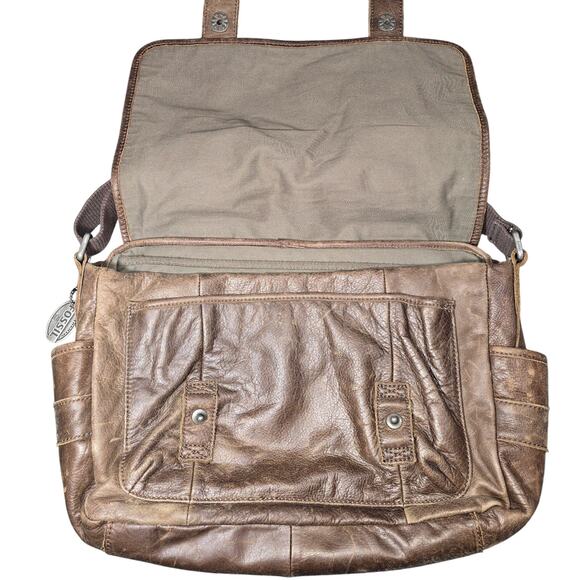 Vintage Fossil Brown Leather Distressed Laptop Computer Shoulder Bag 18x12x4 - Picture 2 of 10